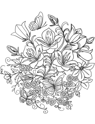 Butterfly And Flowers Coloring Page